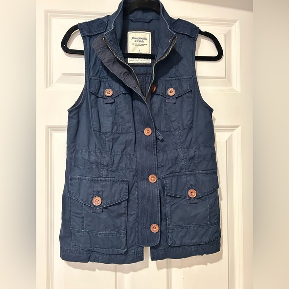 Abercrombie & Fitch Navy Blue Utility Cargo Vest Outerwear Jacket 100% Cotton - Picture 7 of 14